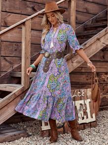 LanaWest 女式波西米亚风印花中袖连衣裙，女式波西米亚风流苏，荷叶边下摆半袖系带领宽松长款多色荷叶边袖全身印花，佩斯利罩衫女式长裙，春季/秋季，休闲日常穿着长款女装