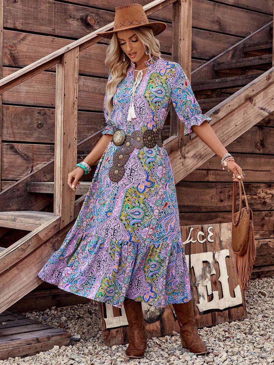 LanaWest 女式波西米亚风印花中袖连衣裙，女式波西米亚风流苏，荷叶边下摆半袖系带领宽松长款多色荷叶边袖全身印花，佩斯利罩衫女式长裙，春季/秋季，休闲日常穿着长款女装