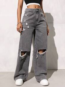 SHEIN EZwear 女式口袋破洞宽松休闲百搭牛仔裤