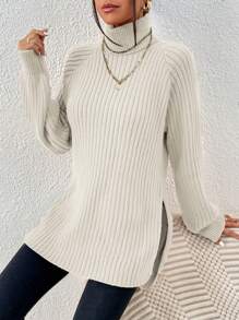 EURMUSE Hoher Kragen Raglan-ärmel Rippstrickpullover Mit Gespaltenem Saum - Aprikosenfarben - Übersicht 5