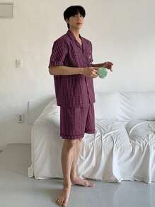 DAZY Summer Bear Pattern Embroidered Plaid Shirt And Shorts Set Men Pajamas - Red Violet - View 4