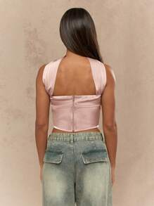 MISSGUIDED 缎面束胸上衣，领带细节，晚会俱乐部装，露肩合身紧身胸衣，女士时尚上衣，特殊场合，优雅设计 - 粉色 - 查看 2