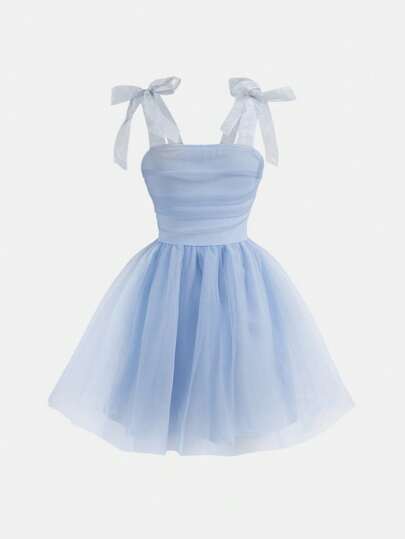 SHEIN Tween Girl 可爱网纱蝴蝶结褶饰双层 A 字裙