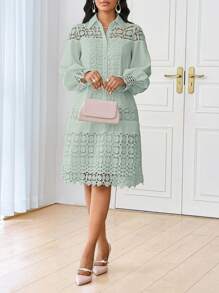 SHEIN Lady 春夏休闲优雅工作白色撞色蕾丝衬衫裙束腰连衣裙中长款女士连衣裙 - 薄荷綠 - 查看 3