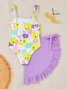 LOONEY TUNES X SHEIN Tween Girl Floral And Bird Tweedy Print Ruffle One-Piece Swimwear With Purple Beach Skirt, For Spring And Summer. - Mauve Purple - View 2