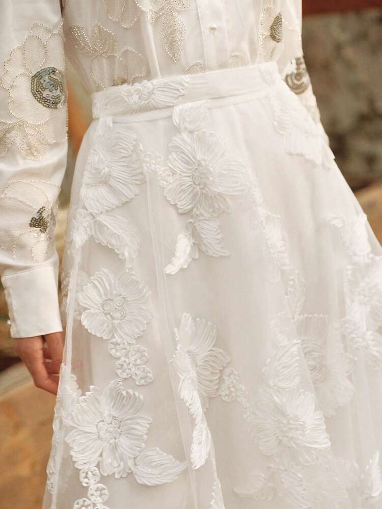 Nueva falda maxi elegante y versátil con bordado floral de malla de cintura alta en forma de A, falda para invitada de boda de primavera/otoño, falda de graduación blanca, todo en blanco