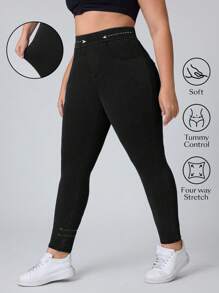Flexra Jeans elásticos de punto sencillos con bolsillo de talla grande, para uso casual diario - Negro - Ver 1