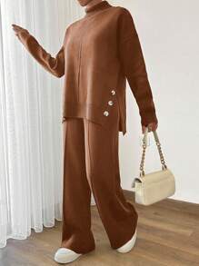 EURMUSE Women Asymmetrical And Button Detailed Hem High Neck Sweater And Sweater Pant Two Piece Outfits Co-Ords - Chocolate Brown - View 6