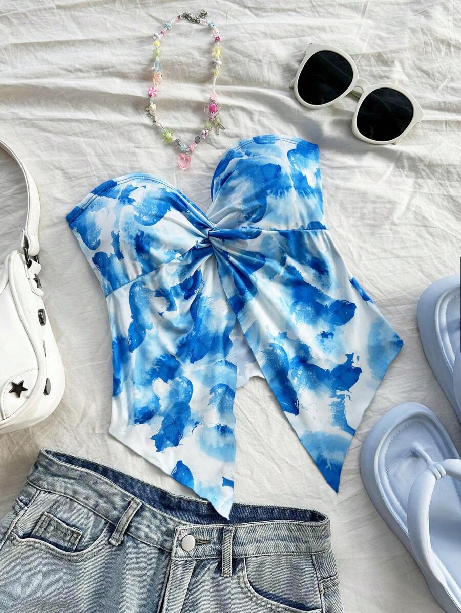 SHEIN Top sin tirantes azul con estampado de flores abstracto de teñido anudado para adolescentes, hecho de cómoda seda de hielo, apropiado para el té de la tarde o atuendo de temporada de graduación, top sin tirantes asimétrico de corte estrecho con estampado de teñido anudado multicolor, para primavera/verano, ropa de resort