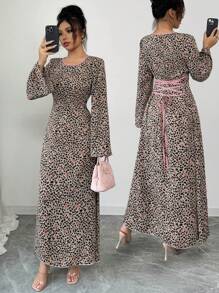 Al Najma 女式梭织印花后系带长袖宽松休闲阿拉伯风格连衣裙，端庄