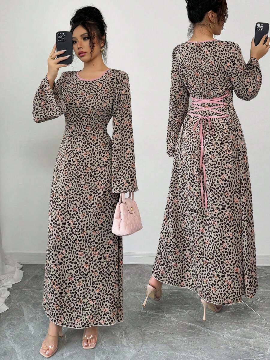 Al Najma 女式梭织印花后系带长袖宽松休闲阿拉伯风格连衣裙，端庄