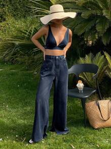 Livesso Distressed Washed Short Camisole Top And Wide Leg Jeans Set, Casual Resort Wear For Women, Spring And Summer,Fall Clothes