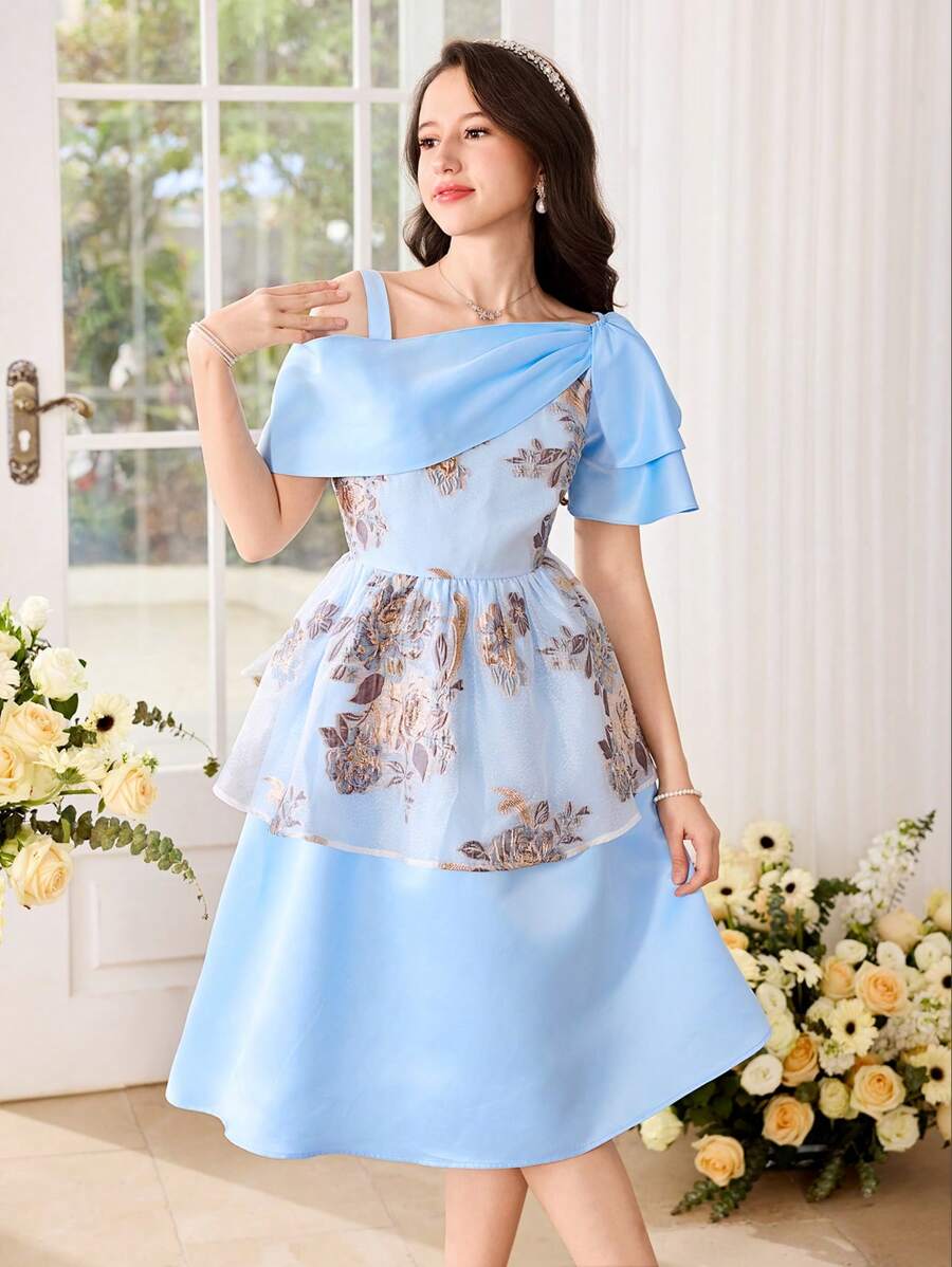 SHEIN 少女蓝色华丽不对称领口装饰缎面连衣裙，宫廷派对礼服 - 藍色 - 查看 1