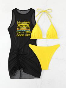 Swim Vcay 女士夏季海滩纯色吊带性感比基尼泳装套装带字母印花无袖罩衫连衣裙 - 黃色 - 查看 4