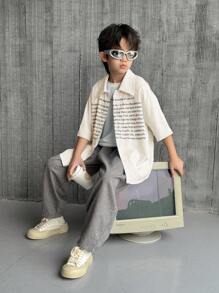 2pcs/Set Tween Boys' Casual Korean Style Letter & Graphic Print Short Sleeve Polo Shirt And Loose Woven 3/4 Pants Outfit
