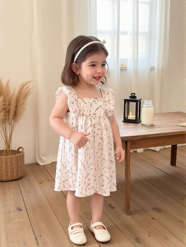 Vintaside Kids Baby Girl Spring Pink Casual Cute Wavy Digital Print Floral Trim Loose Waist Flare Dress, Suitable For Homewear And Outgoing