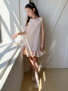 DAZY Tween Girl Sleeveless Ruffle Hem Autumn/Fall Dress,Back To School Clothes - Beige - View 4
