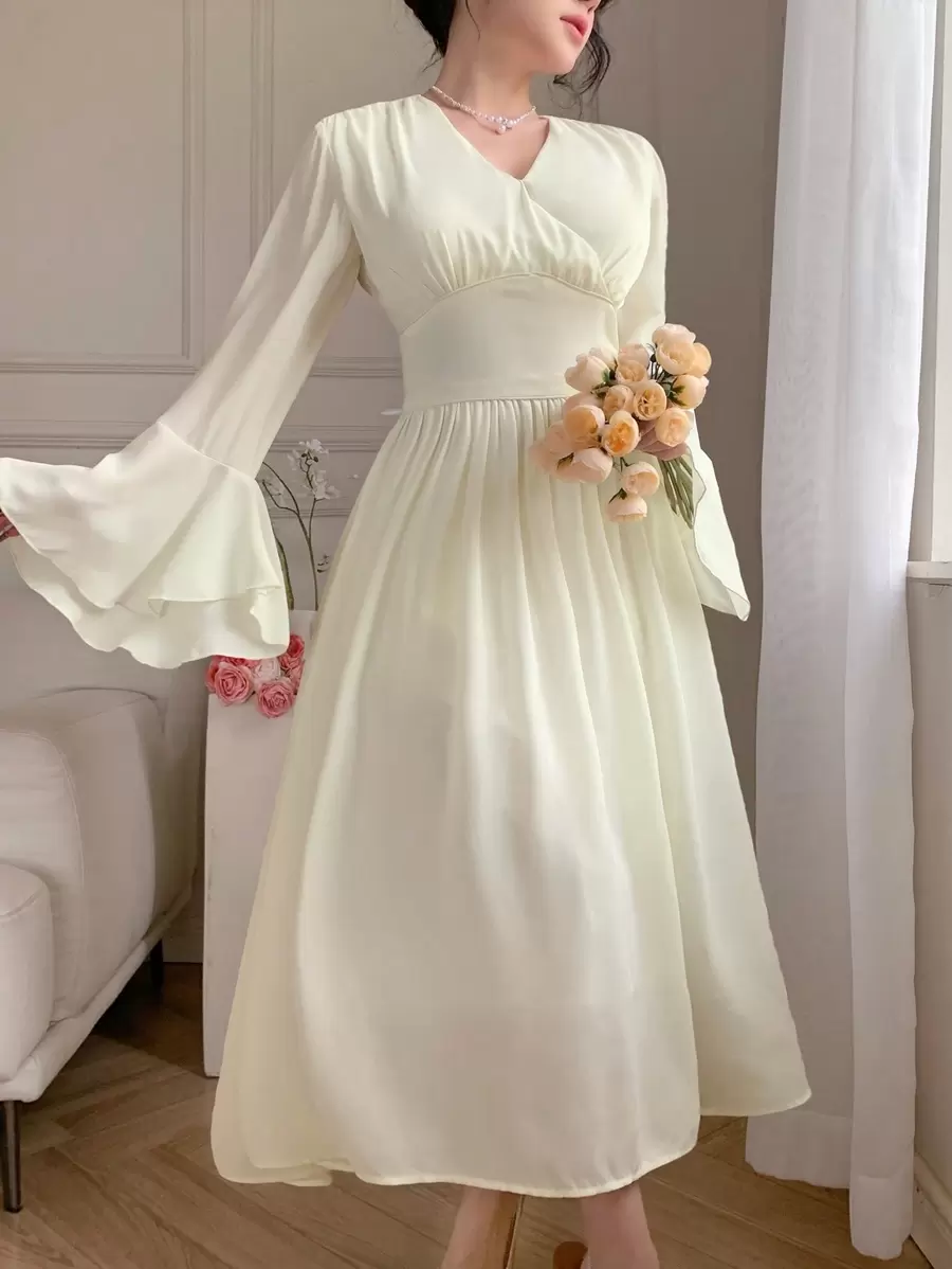 DAZY 女士花卉 V 领荷叶边中长连衣裙舞会礼服优雅秋季连衣裙长袖连衣裙 - 白色 - 查看 1