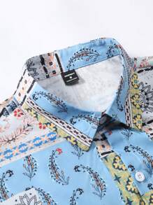 Manfinity RSRT 2 pezzi Completo estivo casual da uomo con camicia a maniche corte con stampa patchwork e pantaloni lunghi monocromatici