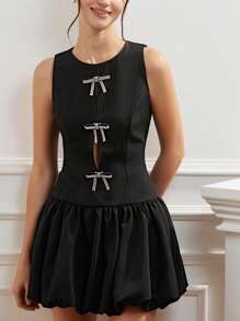 Chiquease Elegant & Delicate Round Neck Sleeveless Halter Design Heavily Embellished Sequin Bow Decor Ruched Flare Hem Mini Dress For Women   Old Money Style For Summer Spring Fall Autumn - Black - View 4