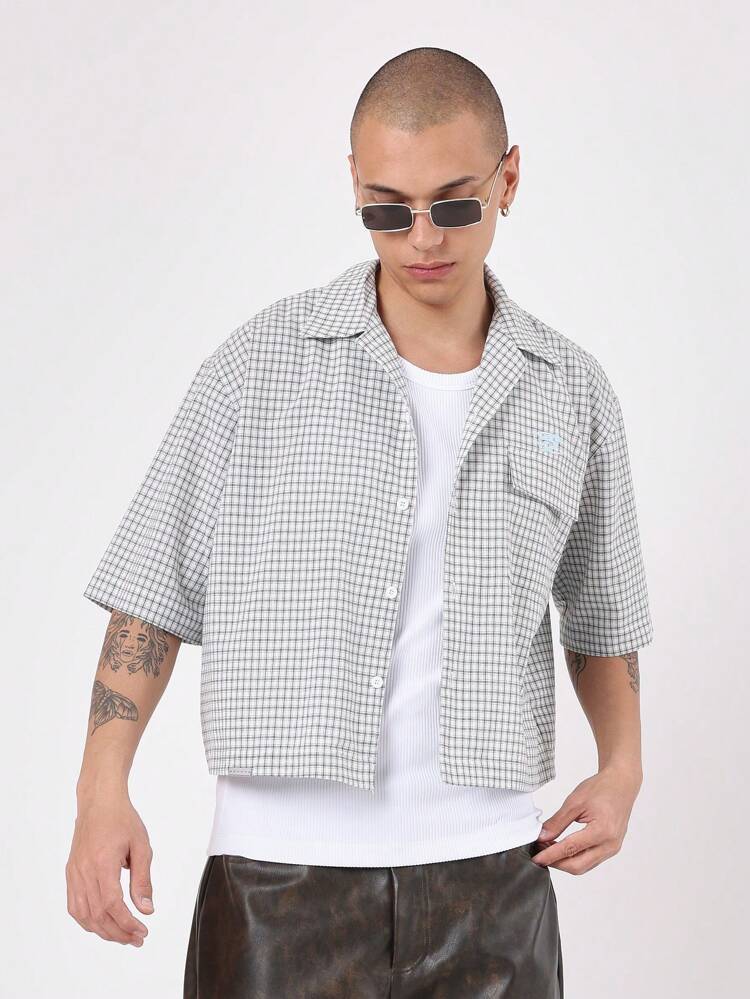 Short Sleeve Boxy Fit Button-Up Shirt With Retro Window Print