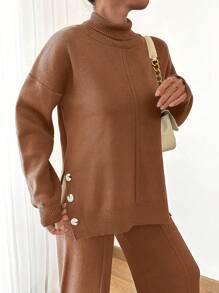 EURMUSE Women Asymmetrical And Button Detailed Hem High Neck Sweater And Sweater Pant Two Piece Outfits Co-Ords - Chocolate Brown - View 5