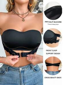 1pc Women Lace Splicing Wireless Bandeau Bra - Black - View 1
