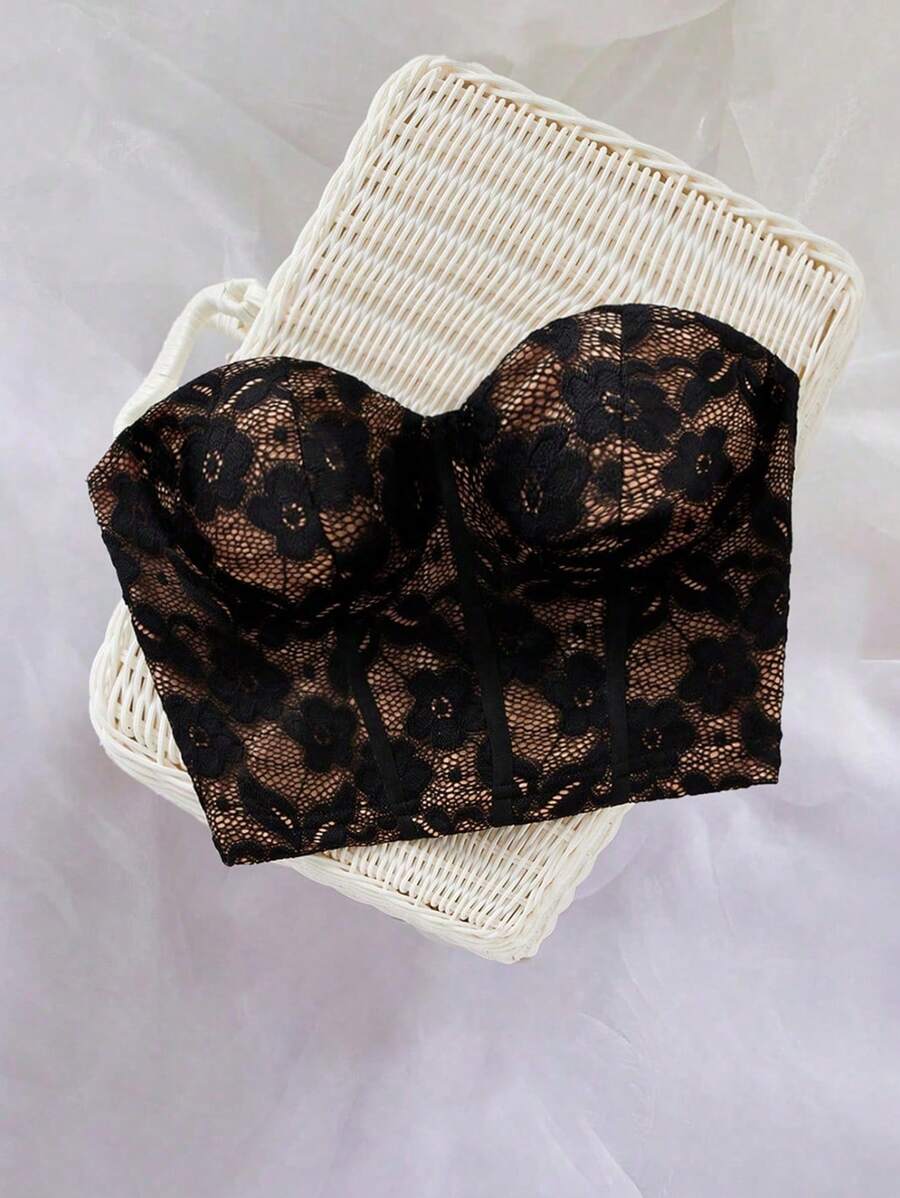 SHEIN Privé 女士浪漫优雅黑色蕾丝抹胸上衣，适合通勤、派对、节日、约会、婚礼、生日活动、情人节 - 黑色 - 查看 1