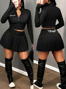 Slaydiva “休闲街头风格白色短袖拉链 V 领上衣和褶皱网球裙套装，女士 2 件套” - 黑色 - 查看 1