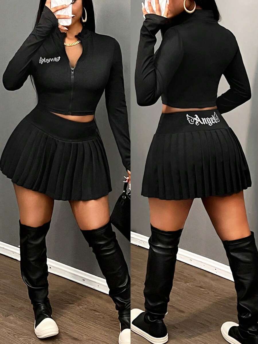 Slaydiva “休闲街头风格白色短袖拉链 V 领上衣和褶皱网球裙套装，女士 2 件套” - 黑色 - 查看 1