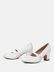 CUCCOO HITCHD Round Toe Pearl Embellished Chunky High Heel Women's Pumps