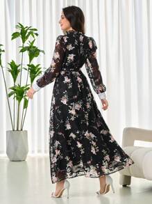 Modelyn Women's Elegant Floral Print Lantern Sleeve Long Dress - Black - View 5