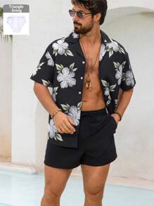 Manfinity Swimmode Men Floral Print Short Sleeve Single Breasted Shirt & Shorts Beach Suit Set Man Swim Trunks