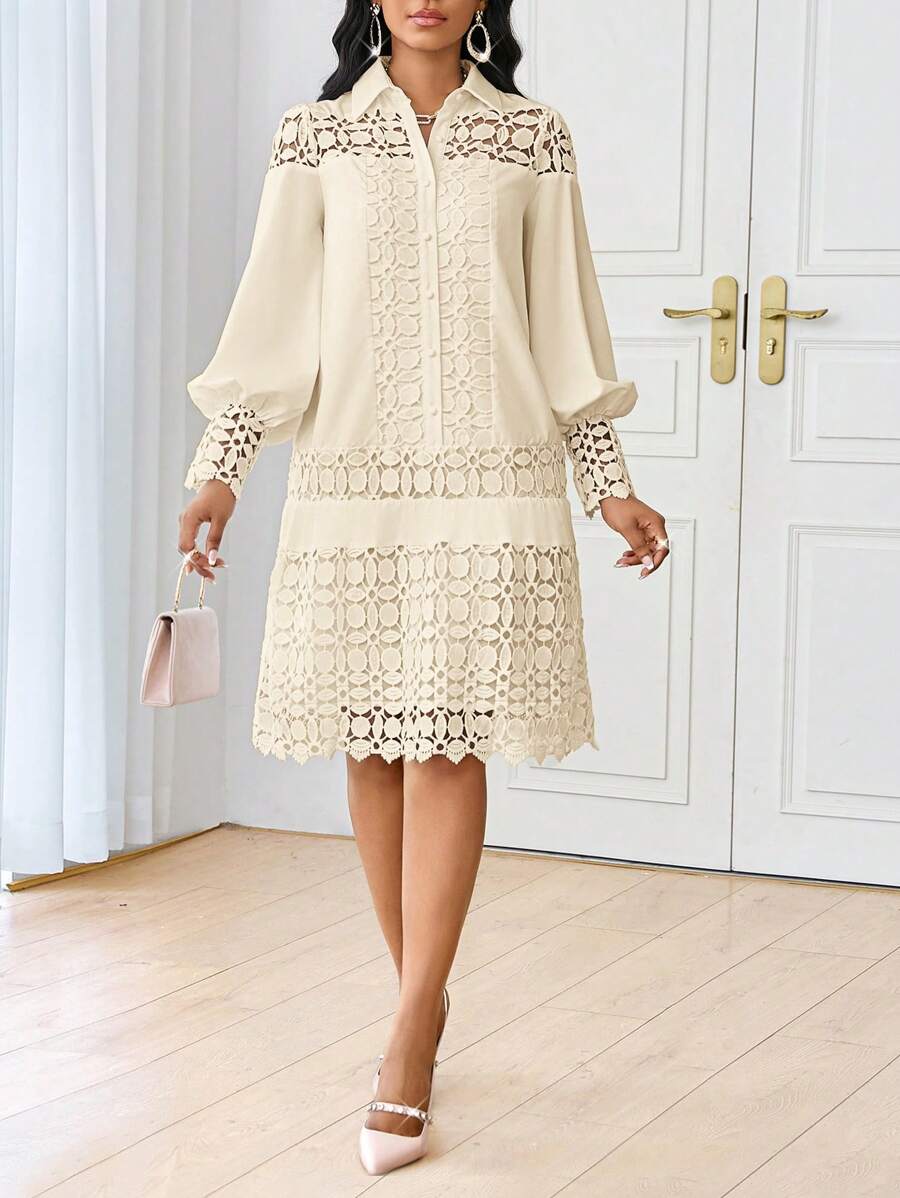 SHEIN Lady 春夏休闲优雅工作白色撞色蕾丝衬衫裙束腰连衣裙中长款女士连衣裙 - 卡其色 - 查看 1