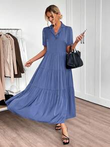 EMERY ROSE Summer Outfits For Women Elegant Solid Color Collared Short Sleeve Tiered Ruffle Dress For Women - Royal Blue - View 4