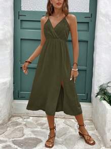 SHEIN Frenchy Váy nơ vải kết cấu hở lưng thắt nút cho nữ - Màu xanh lá cây đậm - Xem 5