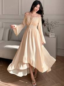 DAZY Robe mi-longue à manches évasées et épaules dénudées, taille avec lien, couleur unie, pour vacances. Volants, automne/hiver - Blanc - Voir 1