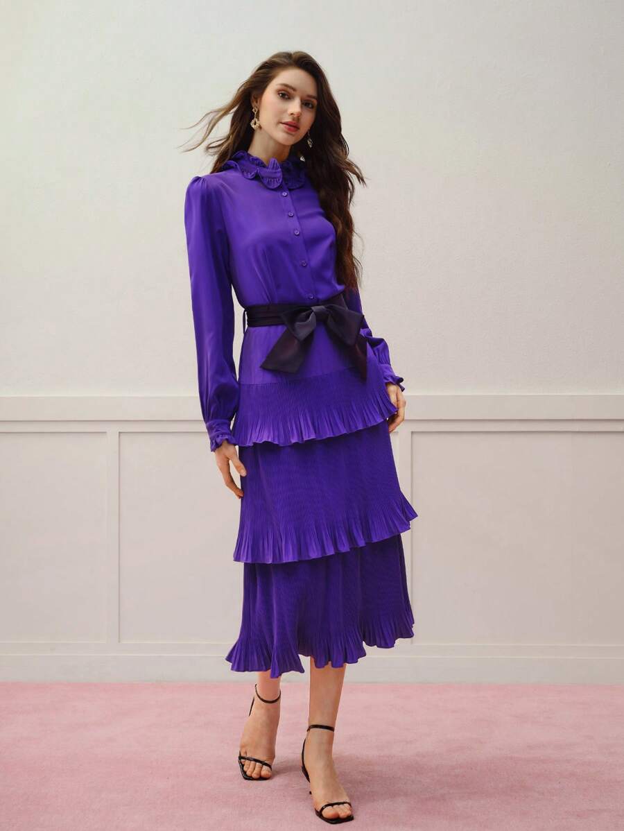 MOTF PREMIUM DRAPED RUFFLE TRIM LANTERN SLEEVE DRESS - Purple - View 1