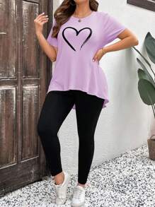 SHEIN LUNE 2pcs/Set Plus Size Love-Heart Print Asymmetrical Hem Top For Valentine's Day - Mauve Purple - View 3