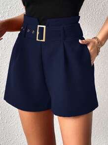 Firerie Shorts de mujer con diseño de bolsillos plisados, cinturilla con hebilla y color liso