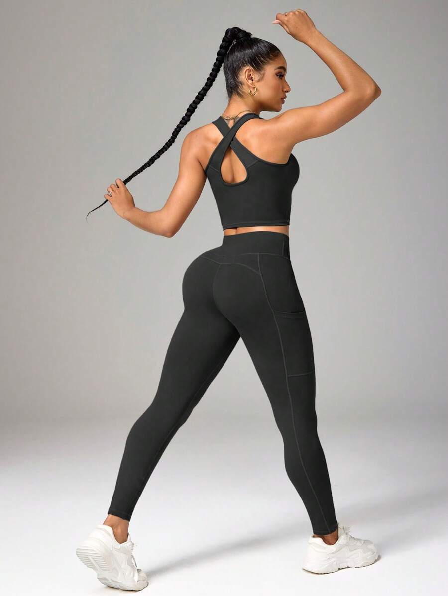 Eassivo Eassivo Bộ đồ tập luyện thể thao và quần legging chéo lưng màu trơn cho nữ - màu đen - Xem 1