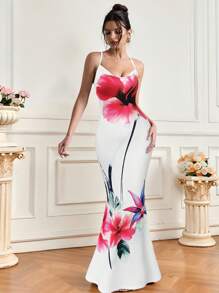 INAWLY Floral Print Slim Fit Long Dress With Spaghetti Straps, Vacation Style - White - View 3