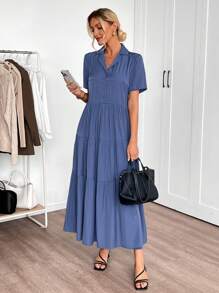 EMERY ROSE Summer Outfits For Women Elegant Solid Color Collared Short Sleeve Tiered Ruffle Dress For Women - Royal Blue - View 6