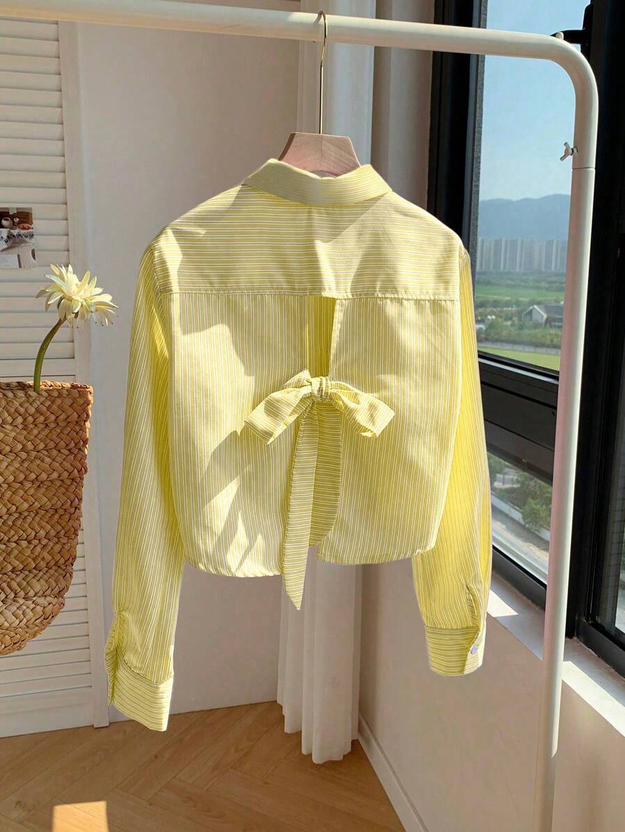 Comfortcana Backless Bowknot Cropped Striped Shirt - Yellow - View 1