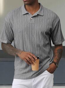 Manfinity Homme Men's Casual Vacation Style, Featuring An INS-Inspired Geometric Diamond-Textured Jacquard Knit Short-Sleeve Polo Shirt. Perfect For Music Festivals, Hawaii Beach Getaways - Grey - View 4