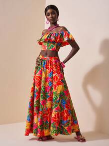 Zivah 2pcs/Set Women's Tropical Plant Print Off Shoulder Crop Top And High Slit Skirt Vacation Casual Outfit