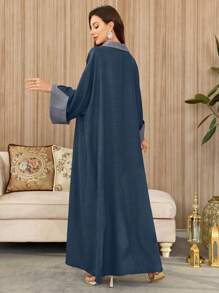 Al Najma 女士优雅亮片花卉束腰连衣裙和阿拉伯传统长袍，春夏季，朴素的卡夫坦 - 藍色 - 查看 2