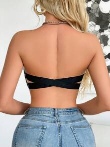 1pc Women Lace Splicing Wireless Bandeau Bra - Black - View 2