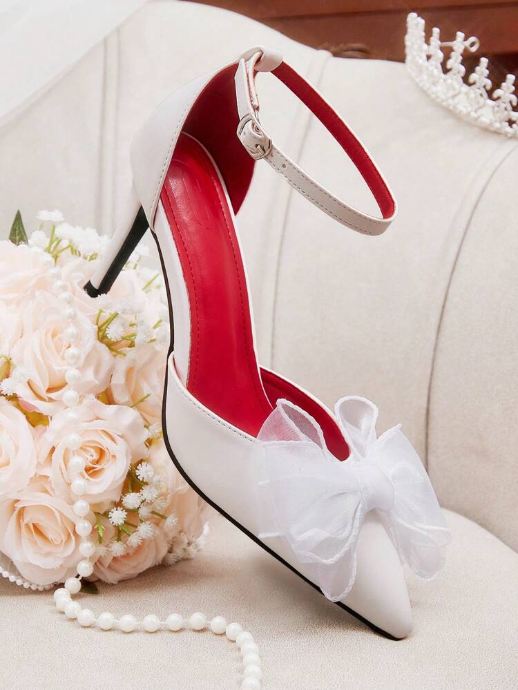 CUCCOO HITCHD Tacones altos de punta fina con malla blanca y doble lazo, románticos, elegantes y dulces tacones de ensueño blancos para mujer con correa de tobillo, adecuados para bodas, fiestas, ocasiones formales y vestidos de novia