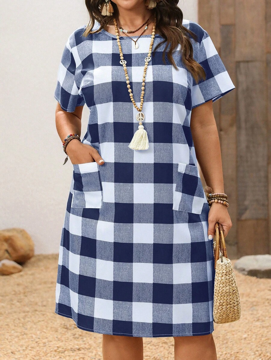 EMERY ROSE Vestido corto de manga corta a cuadros blanco y negro para mujer de talla grande de principios de primavera - Azul Marino - Ver 1